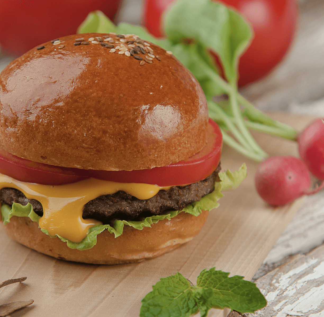Our refreshing plant burger, with lettuce, tomato, and cheese